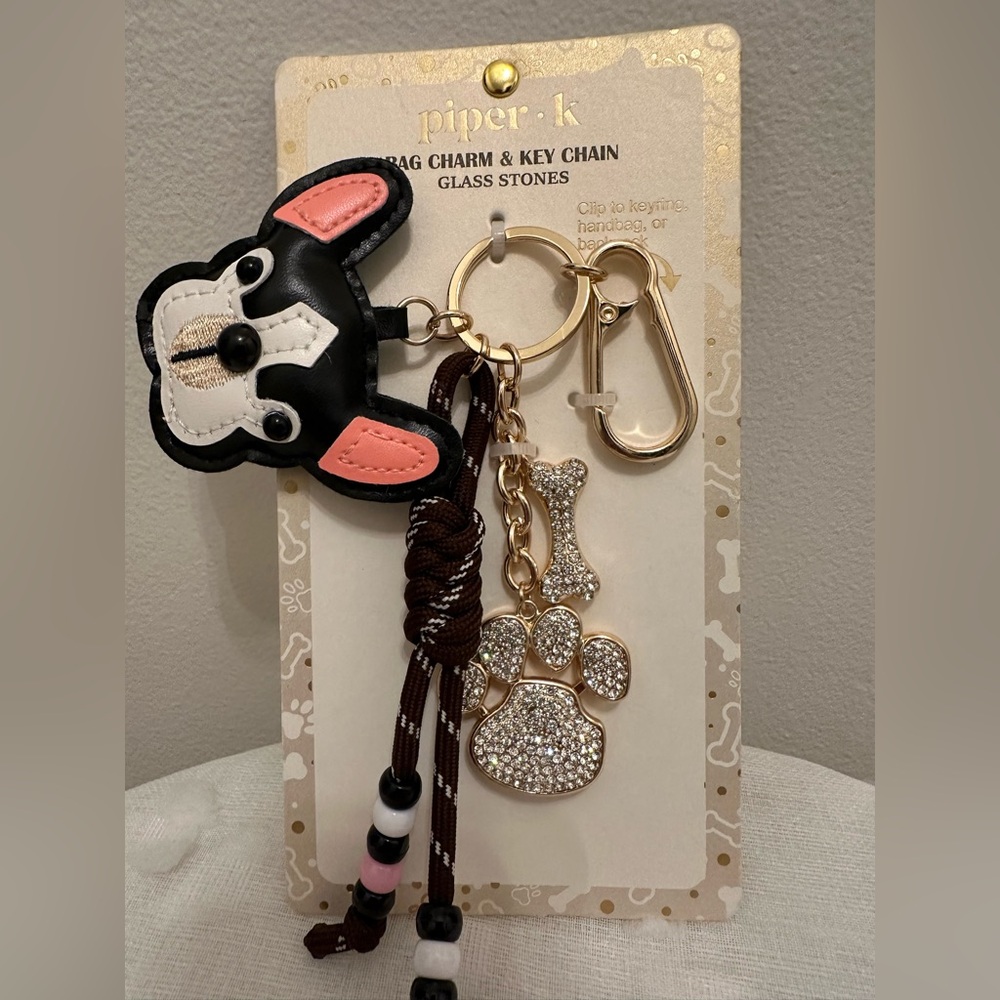 New! Piper K French Bulldog Bag Charm & Keychain, Glass Stones